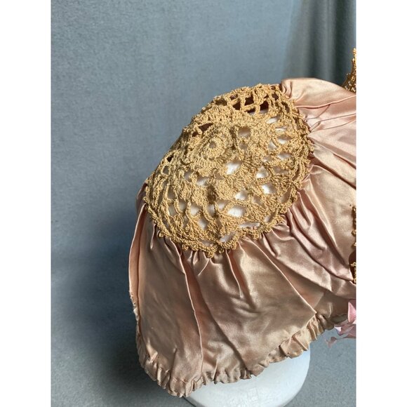 Vintage Pink Crochet & Silk Womens Bonnet with Ribbon Ties - Picture 6 of 16